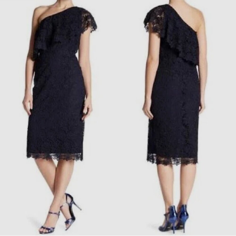 Nanette Lepore Lace Midi Dress One Shoulder Sz 10 Dark Navy Cultural Blend $159